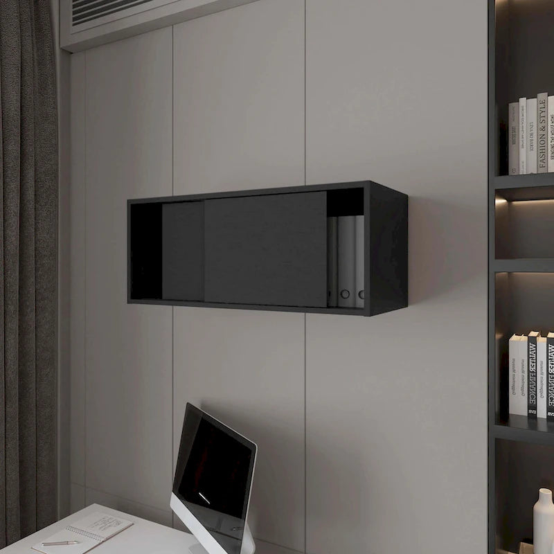 Gabinete de pared flotante negro con puerta corrediza – Almacenamiento que ahorra espacio