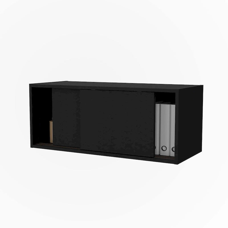Gabinete de pared flotante negro con puerta corrediza – Almacenamiento que ahorra espacio