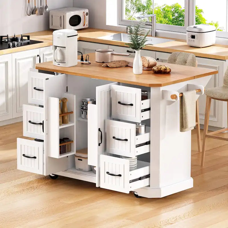 56 Inch Kitchen Island With Rubber Wood Veneer Drop Leaf(no include stool)