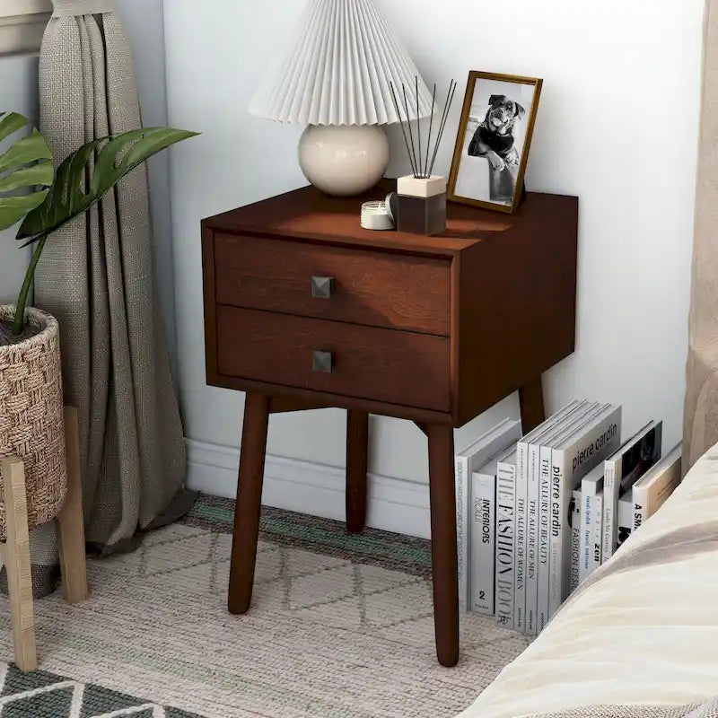 Mesa de Noche/Auxiliar Compacta de Madera de Estilo Moderno de Mediados de Siglo con 2 Cajones