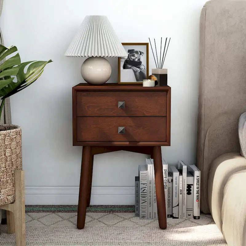 Mesa de Noche/Auxiliar Compacta de Madera de Estilo Moderno de Mediados de Siglo con 2 Cajones