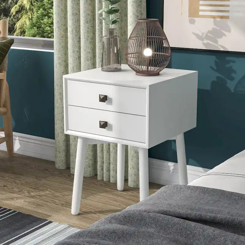 Mesa de Noche/Auxiliar Compacta de Madera de Estilo Moderno de Mediados de Siglo con 2 Cajones
