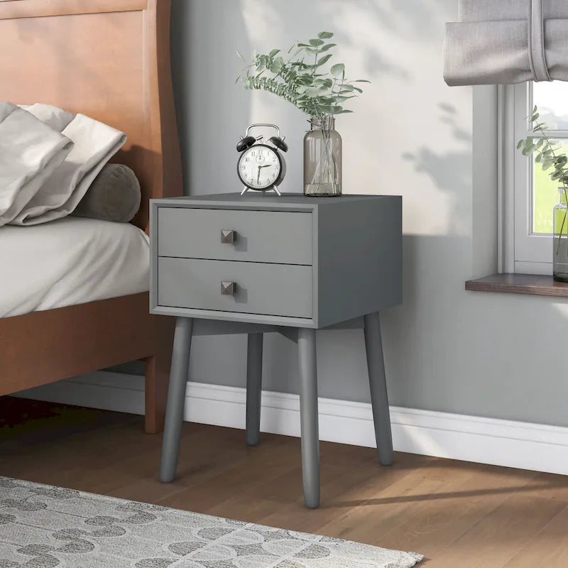 Mesa de Noche/Auxiliar Compacta de Madera de Estilo Moderno de Mediados de Siglo con 2 Cajones