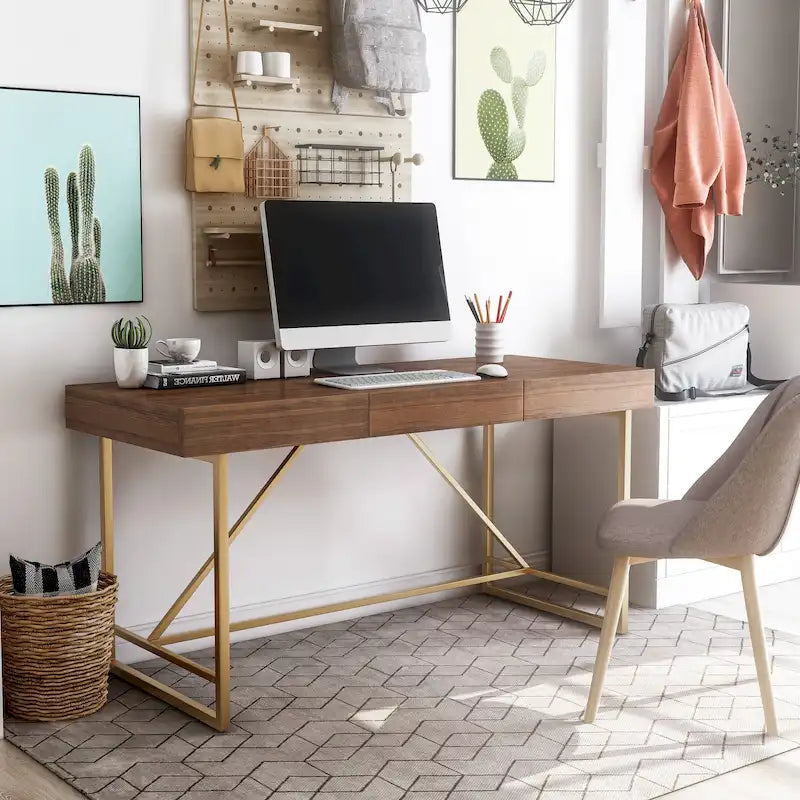 Escritorio para computadora de 152 cm estilo vintage con 3 cajones y base metálica dorada – 4 colores