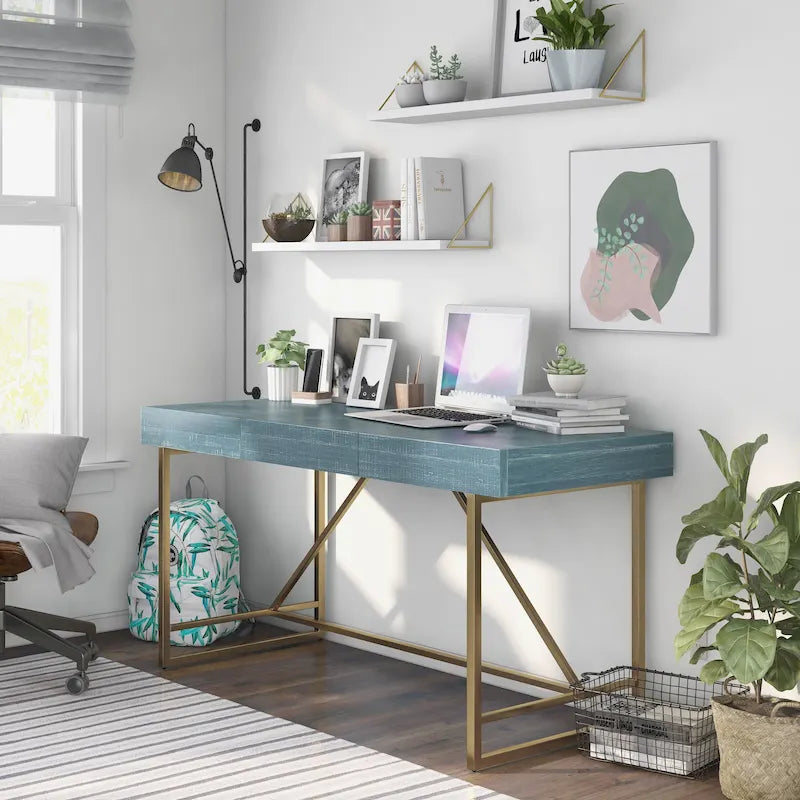 Escritorio para computadora de 152 cm estilo vintage con 3 cajones y base metálica dorada – 4 colores