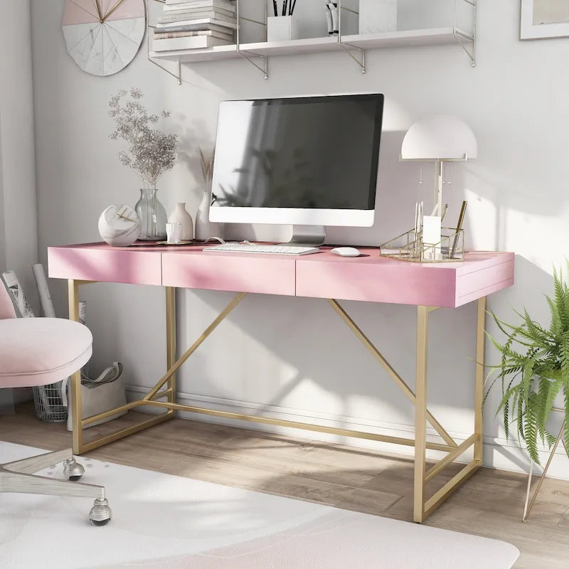 Escritorio para computadora de 152 cm estilo vintage con 3 cajones y base metálica dorada – 4 colores