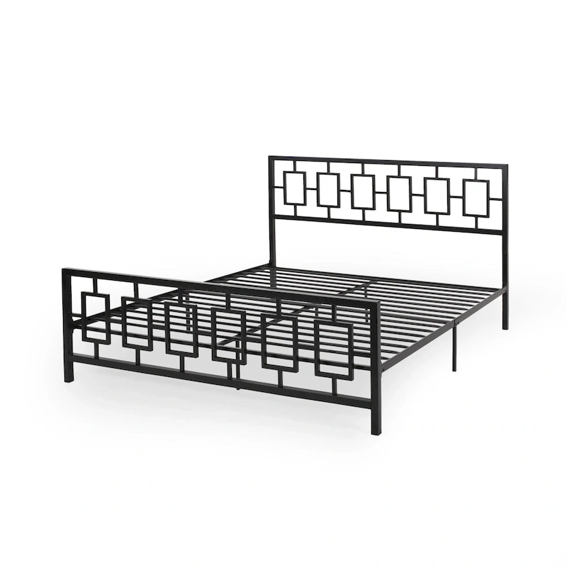 Base de cama de hierro King-Size con plataforma – Cabecero geométrico, no necesita somier