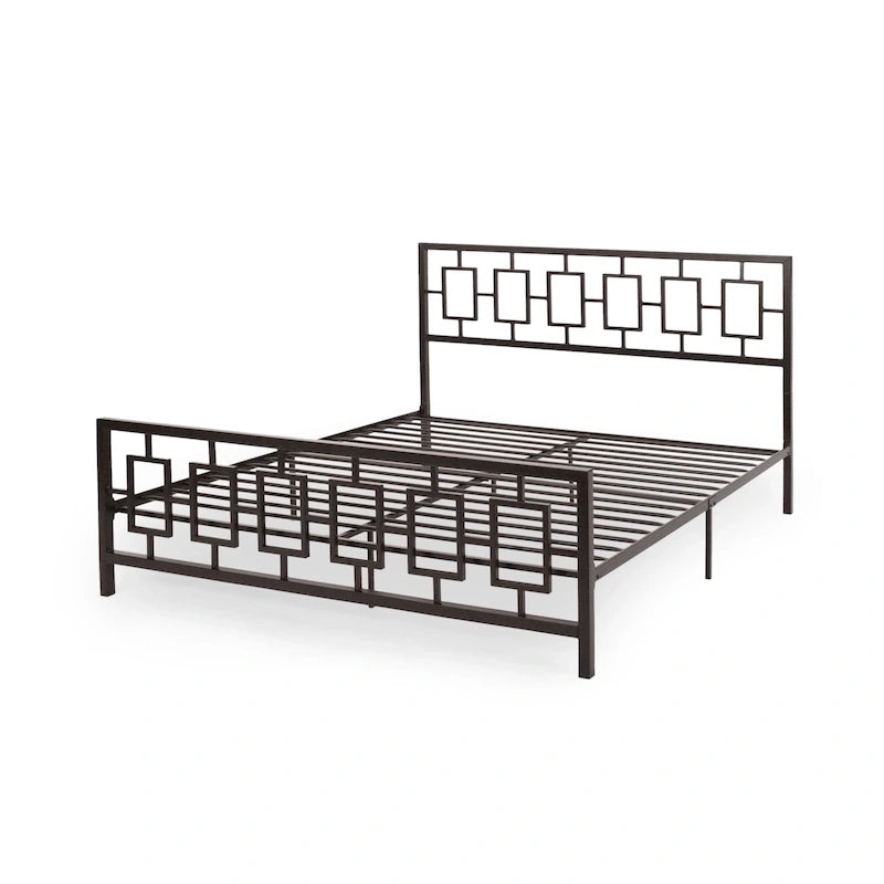 Base de cama de hierro King-Size con plataforma – Cabecero geométrico, no necesita somier