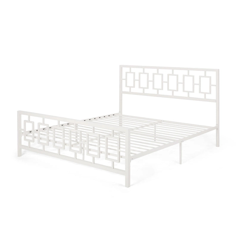 Base de cama de hierro King-Size con plataforma – Cabecero geométrico, no necesita somier