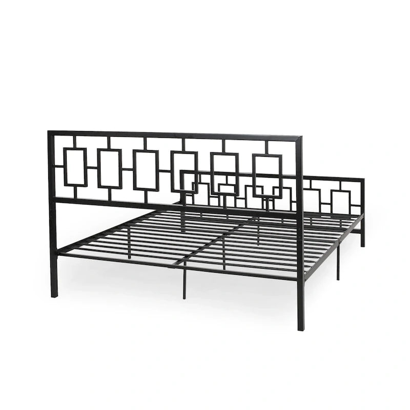 Base de cama de hierro King-Size con plataforma – Cabecero geométrico, no necesita somier