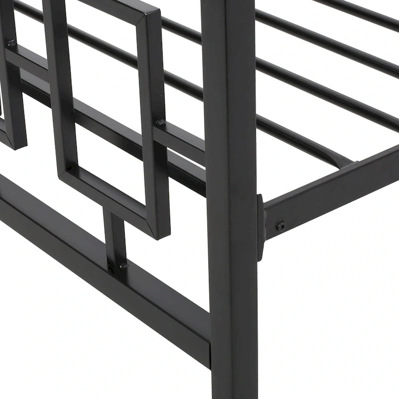 Base de cama de hierro King-Size con plataforma – Cabecero geométrico, no necesita somier
