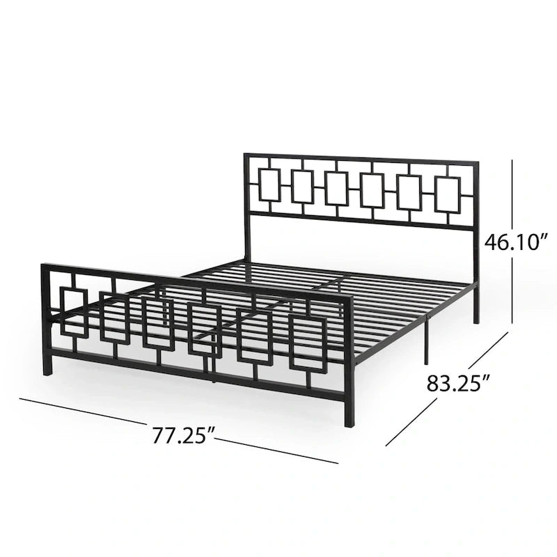 Base de cama de hierro King-Size con plataforma – Cabecero geométrico, no necesita somier