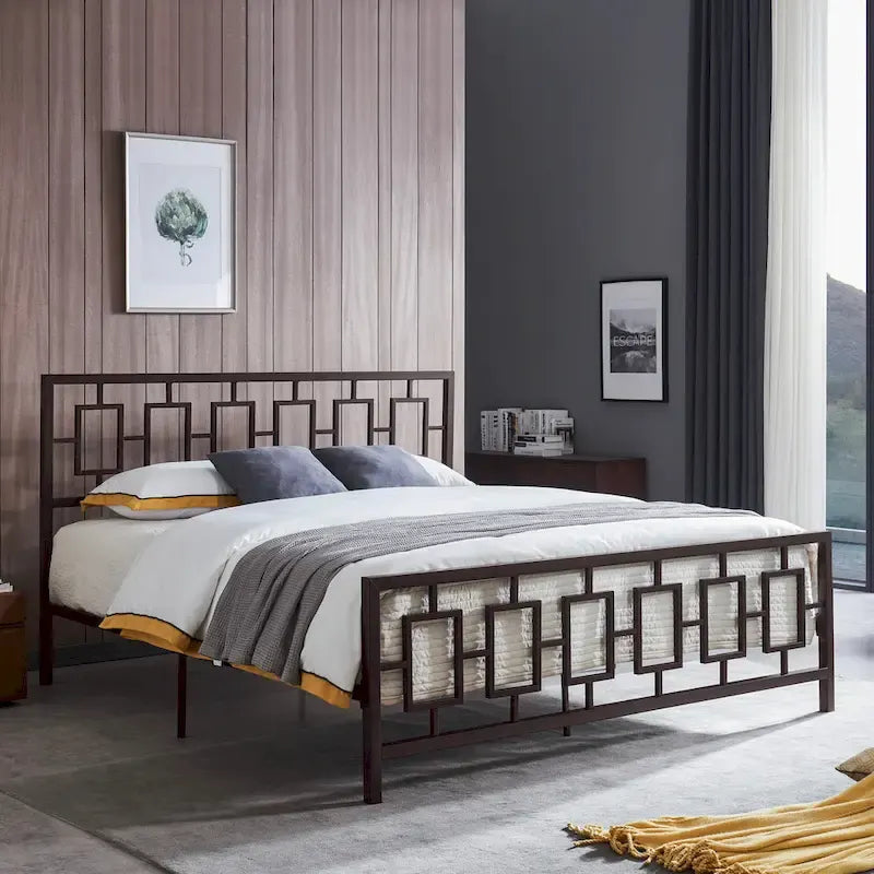Base de cama de hierro King-Size con plataforma – Cabecero geométrico, no necesita somier