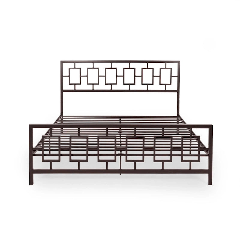 Base de cama de hierro King-Size con plataforma – Cabecero geométrico, no necesita somier