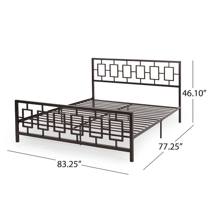 Base de cama de hierro King-Size con plataforma – Cabecero geométrico, no necesita somier