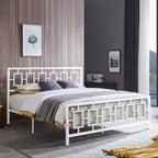 Base de cama de hierro King-Size con plataforma – Cabecero geométrico, no necesita somier