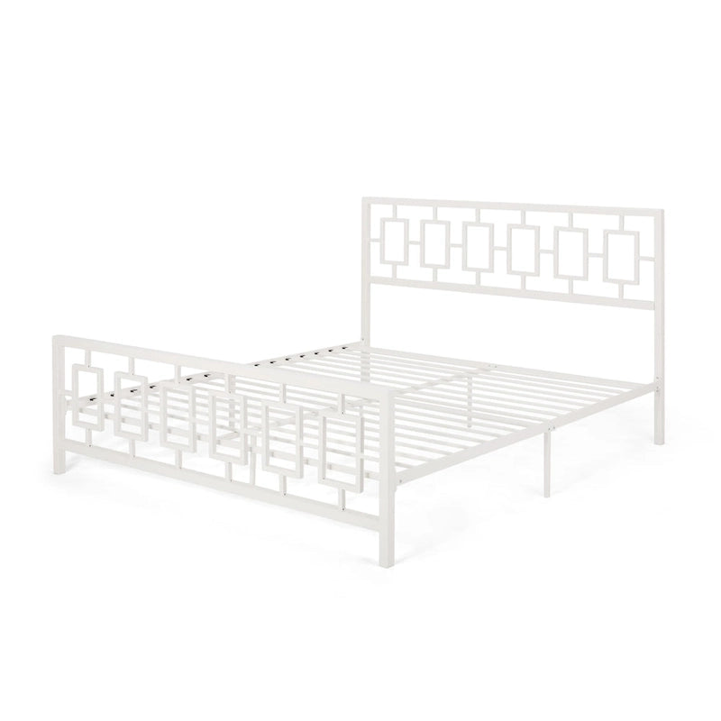 Base de cama de hierro King-Size con plataforma – Cabecero geométrico, no necesita somier