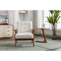 Sillón decorativo tapizado en lino/PU con botones y patas de madera para sala de estar/dormitorio