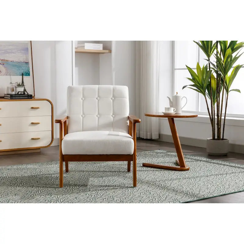 Sillón decorativo tapizado en lino/PU con botones y patas de madera para sala de estar/dormitorio