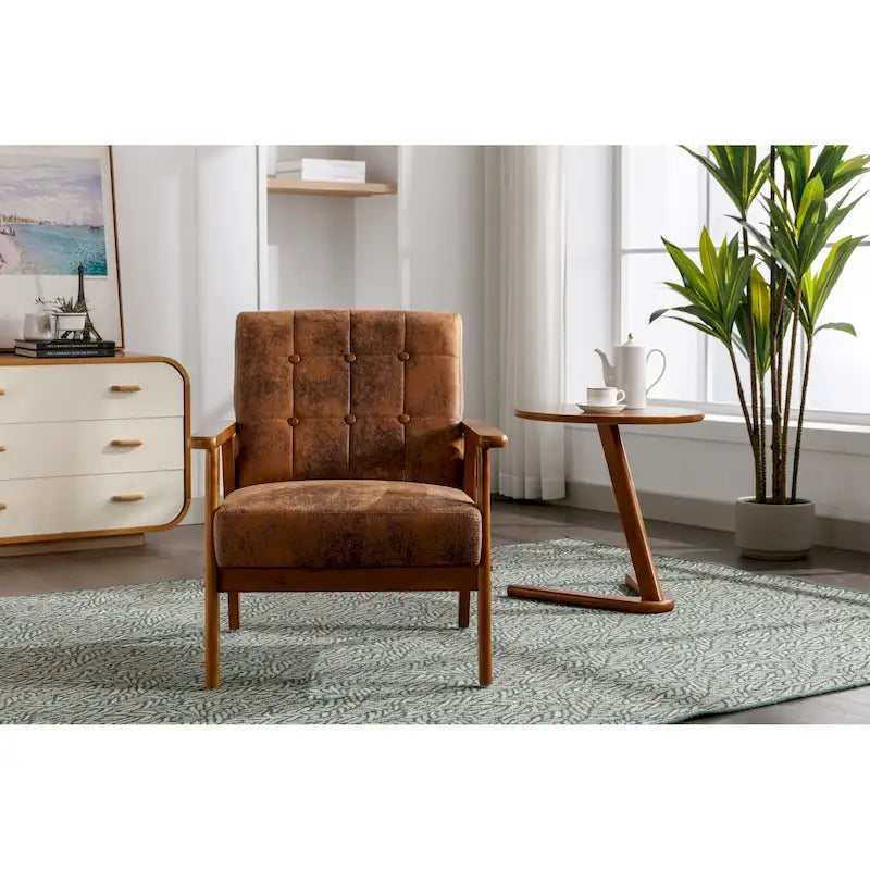 Sillón decorativo tapizado en lino/PU con botones y patas de madera para sala de estar/dormitorio