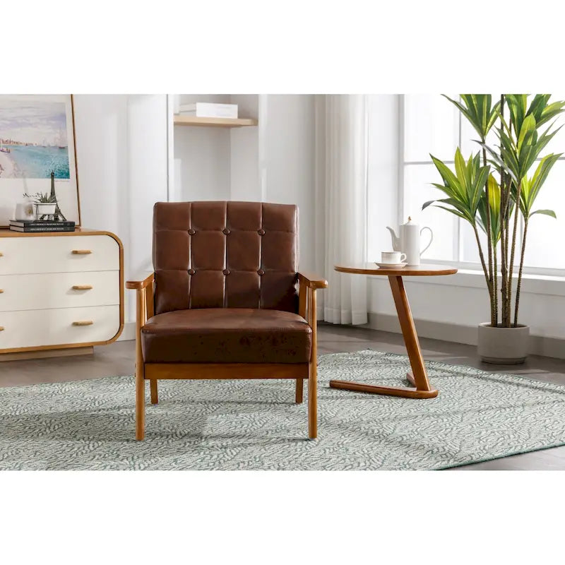 Sillón decorativo tapizado en lino/PU con botones y patas de madera para sala de estar/dormitorio