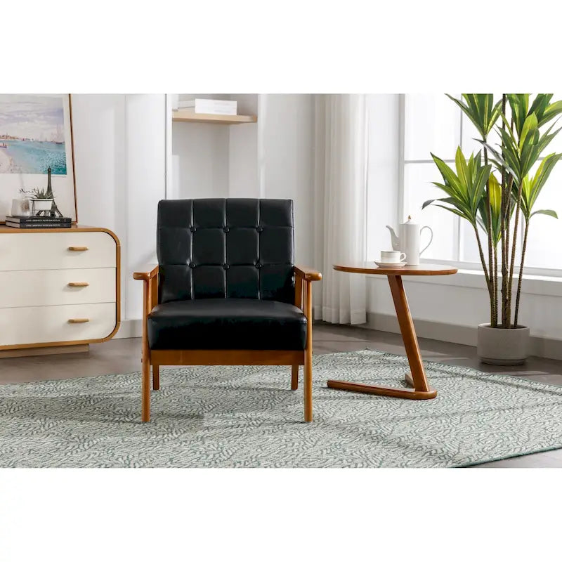 Sillón decorativo tapizado en lino/PU con botones y patas de madera para sala de estar/dormitorio