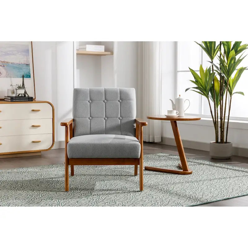 Sillón decorativo tapizado en lino/PU con botones y patas de madera para sala de estar/dormitorio
