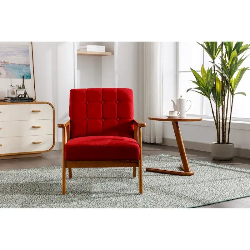 Sillón decorativo tapizado en lino/PU con botones y patas de madera para sala de estar/dormitorio