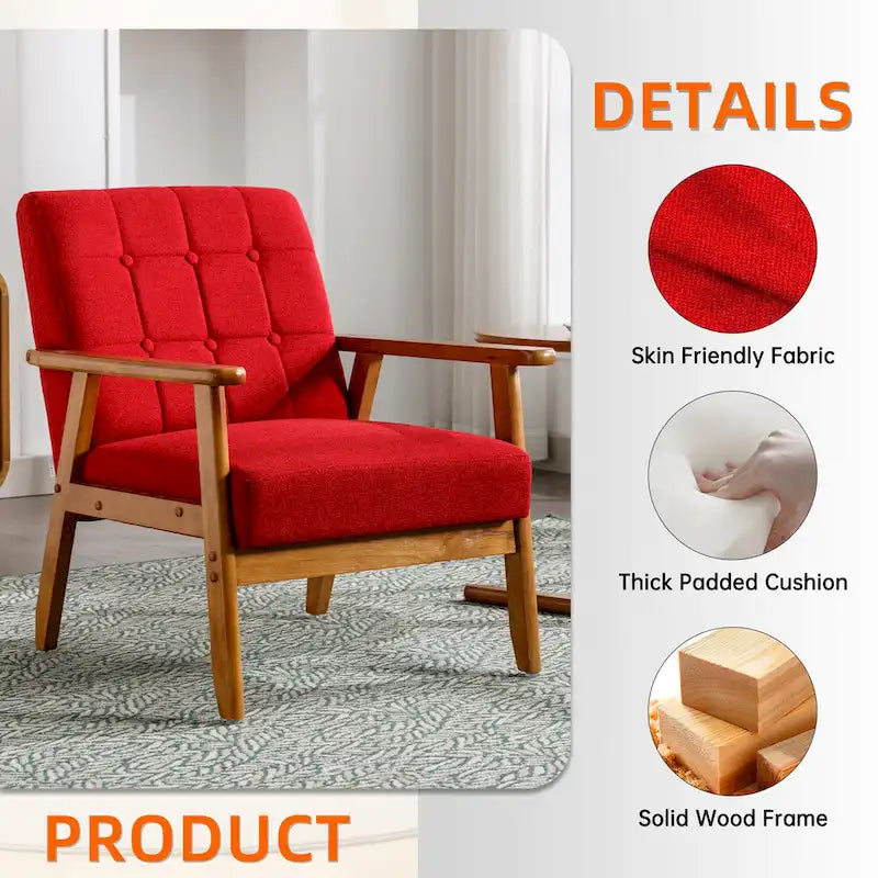 Sillón decorativo tapizado en lino/PU con botones y patas de madera para sala de estar/dormitorio