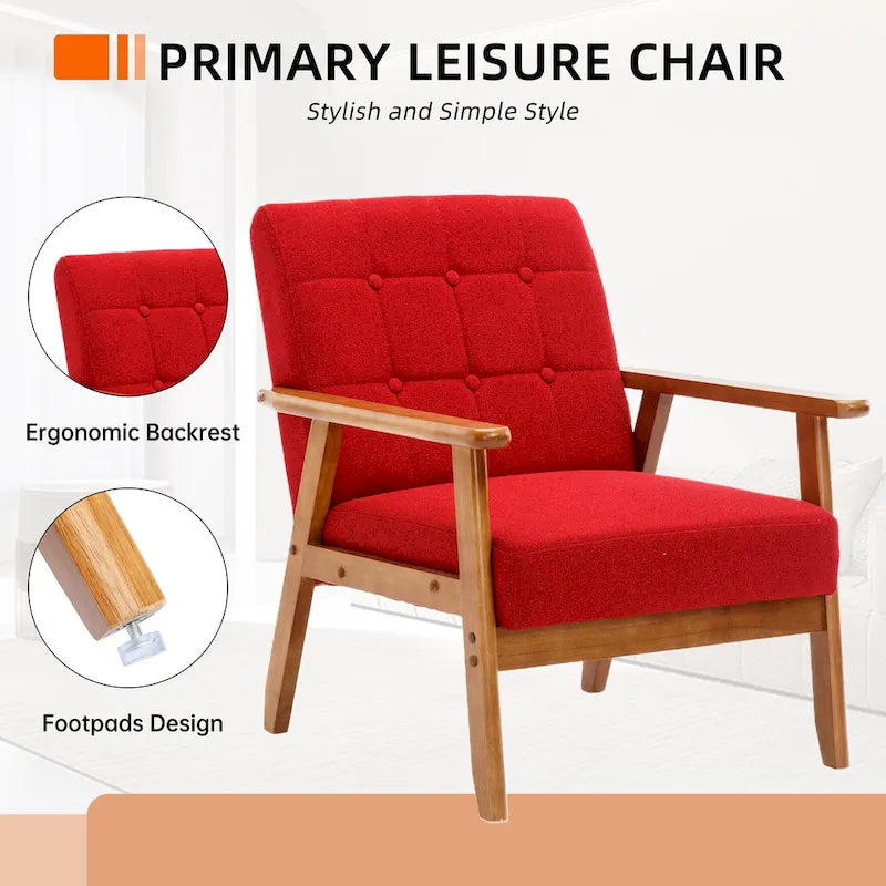 Sillón decorativo tapizado en lino/PU con botones y patas de madera para sala de estar/dormitorio