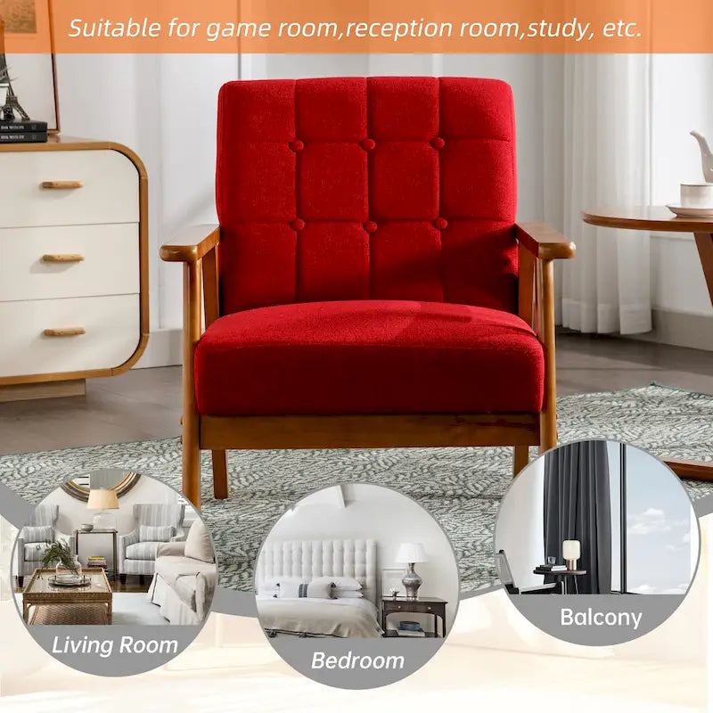 Sillón decorativo tapizado en lino/PU con botones y patas de madera para sala de estar/dormitorio