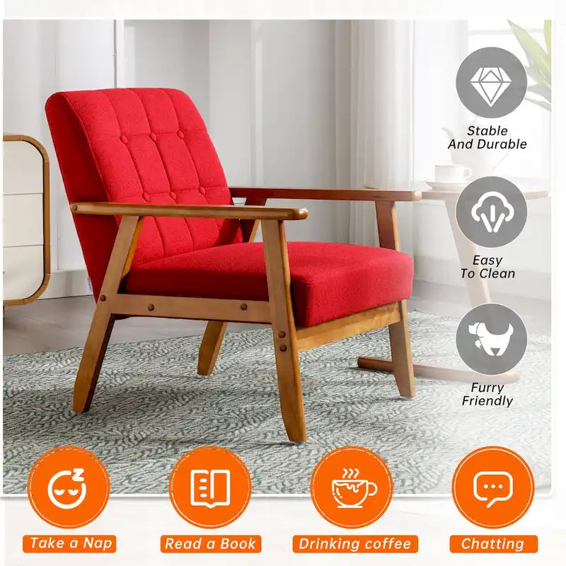 Sillón decorativo tapizado en lino/PU con botones y patas de madera para sala de estar/dormitorio