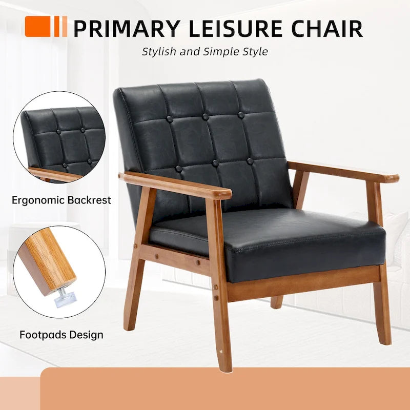 Sillón decorativo tapizado en lino/PU con botones y patas de madera para sala de estar/dormitorio