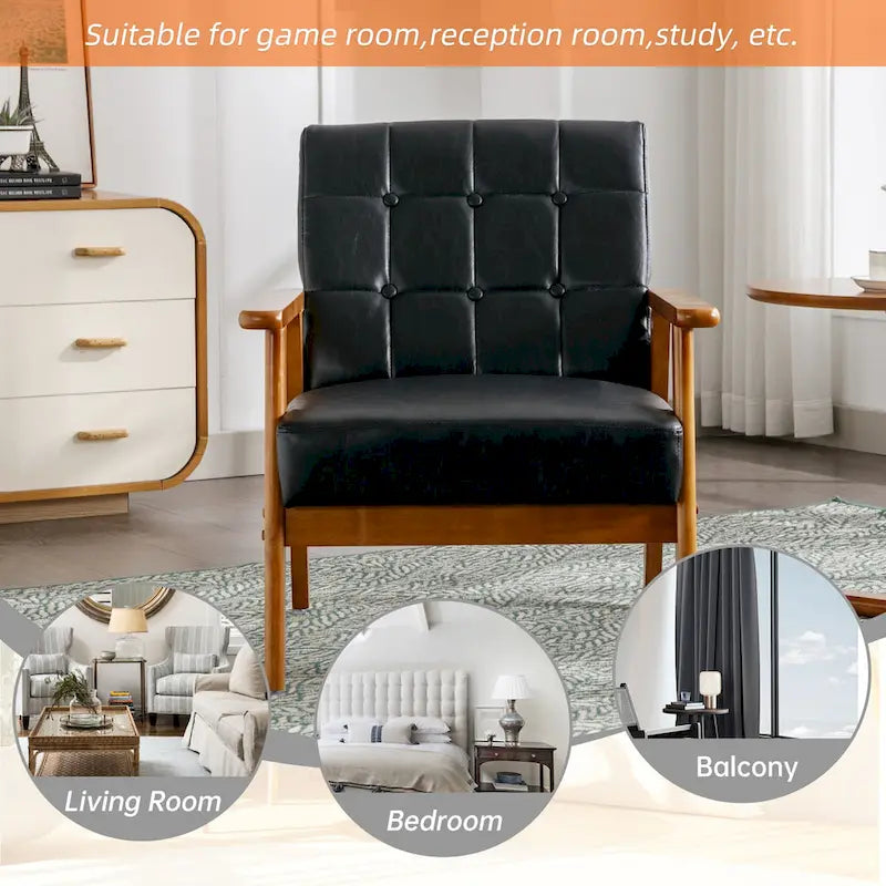 Sillón decorativo tapizado en lino/PU con botones y patas de madera para sala de estar/dormitorio