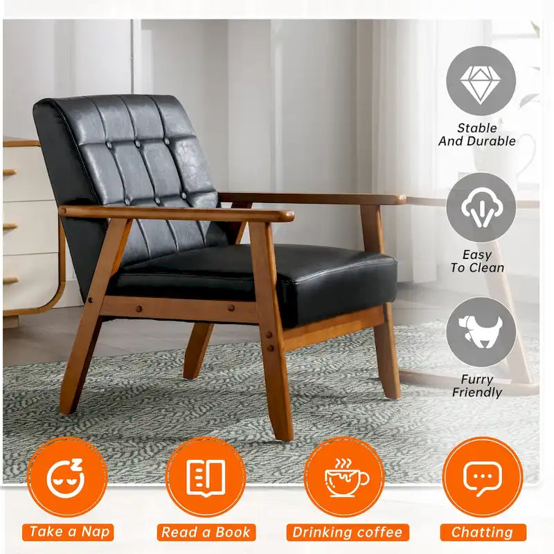 Sillón decorativo tapizado en lino/PU con botones y patas de madera para sala de estar/dormitorio
