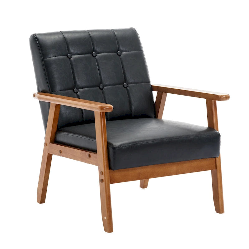 Sillón decorativo tapizado en lino/PU con botones y patas de madera para sala de estar/dormitorio