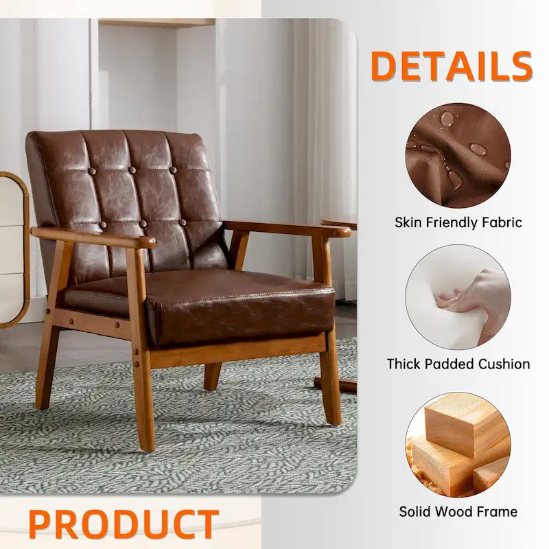 Sillón decorativo tapizado en lino/PU con botones y patas de madera para sala de estar/dormitorio
