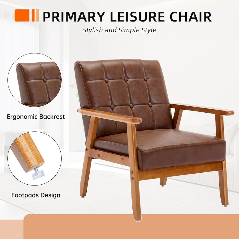 Sillón decorativo tapizado en lino/PU con botones y patas de madera para sala de estar/dormitorio