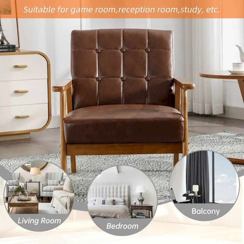 Sillón decorativo tapizado en lino/PU con botones y patas de madera para sala de estar/dormitorio