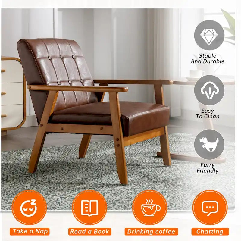 Sillón decorativo tapizado en lino/PU con botones y patas de madera para sala de estar/dormitorio