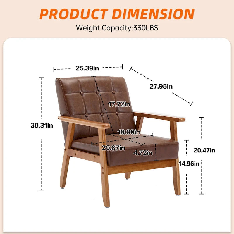 Sillón decorativo tapizado en lino/PU con botones y patas de madera para sala de estar/dormitorio