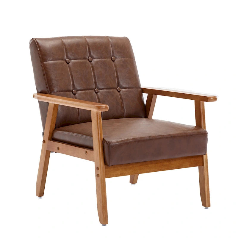 Sillón decorativo tapizado en lino/PU con botones y patas de madera para sala de estar/dormitorio