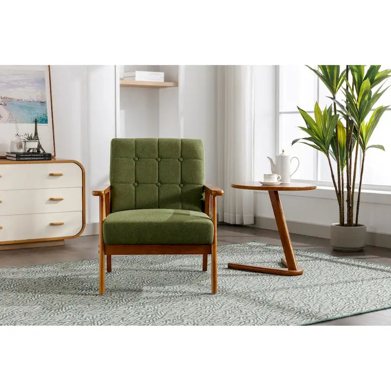 Sillón decorativo tapizado en lino/PU con botones y patas de madera para sala de estar/dormitorio