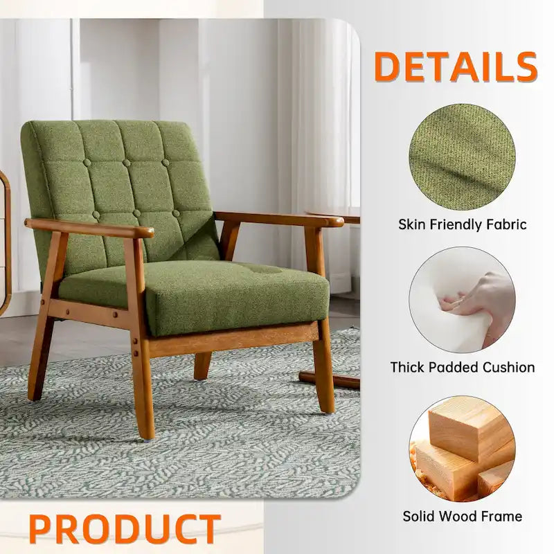Sillón decorativo tapizado en lino/PU con botones y patas de madera para sala de estar/dormitorio