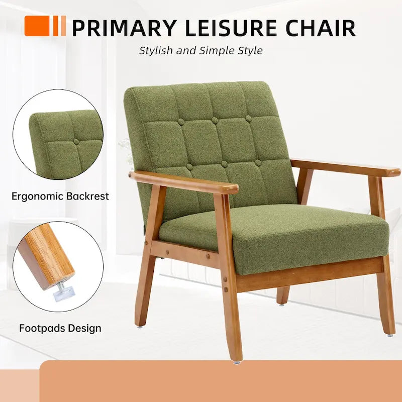 Sillón decorativo tapizado en lino/PU con botones y patas de madera para sala de estar/dormitorio