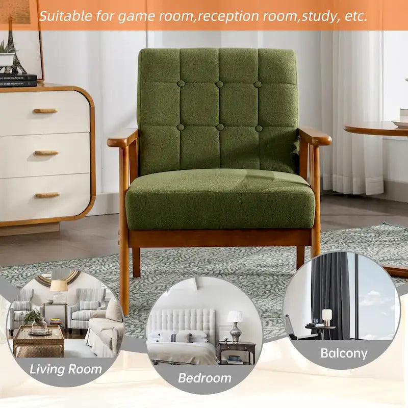 Sillón decorativo tapizado en lino/PU con botones y patas de madera para sala de estar/dormitorio