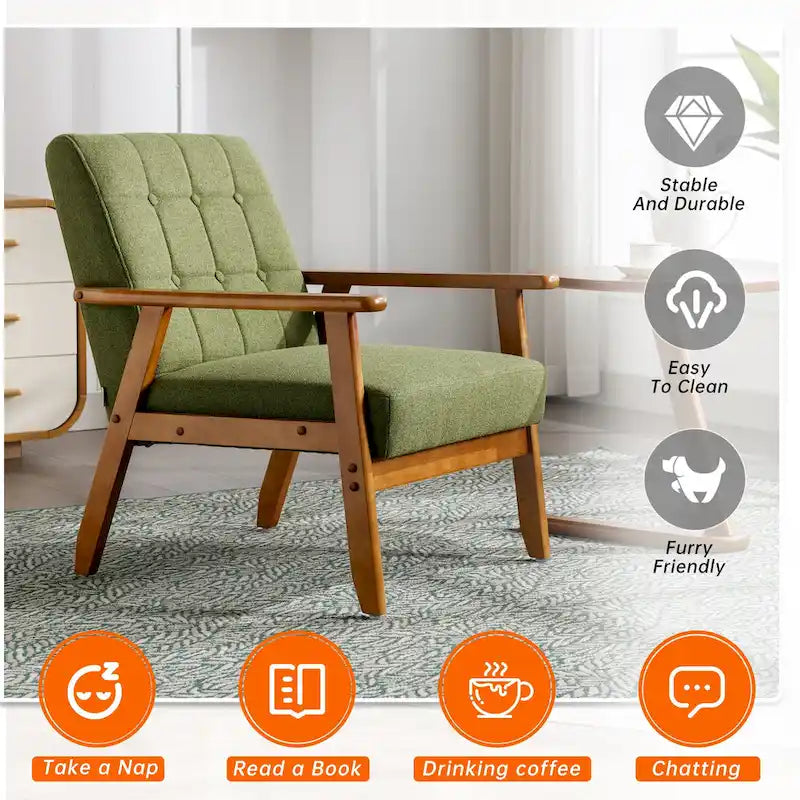 Sillón decorativo tapizado en lino/PU con botones y patas de madera para sala de estar/dormitorio