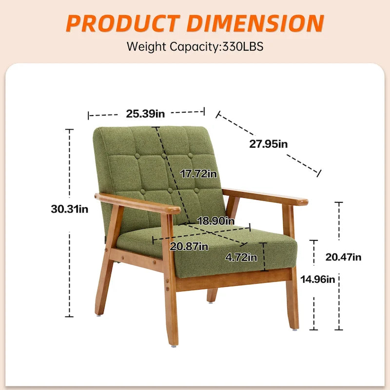 Sillón decorativo tapizado en lino/PU con botones y patas de madera para sala de estar/dormitorio
