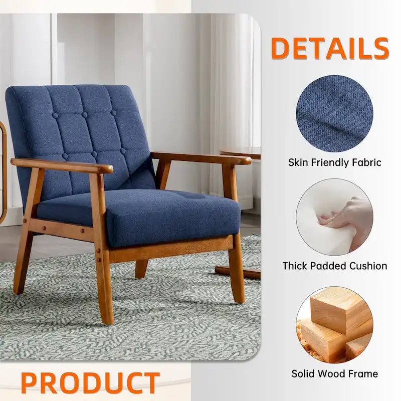 Sillón decorativo tapizado en lino/PU con botones y patas de madera para sala de estar/dormitorio