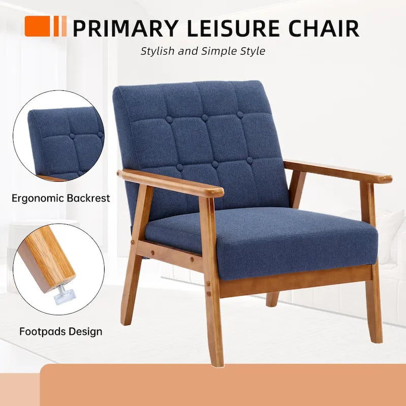 Sillón decorativo tapizado en lino/PU con botones y patas de madera para sala de estar/dormitorio